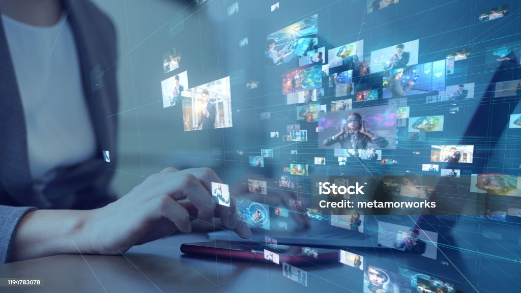 Social networking service concept. Streaming video. Video library. Internet Stock Photo