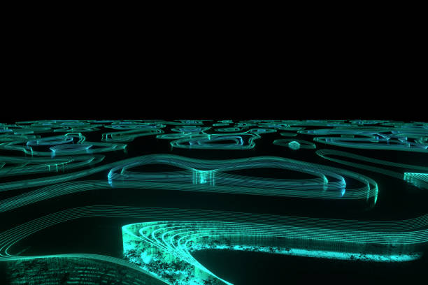 istock 3d Rendering curve abstract illustration. Neon lighting curved lines backdrop. Colorful glowing blue green purple soft lines wavy . Sci-fi background future science concept. 1194786153