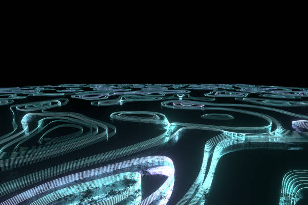 istock 3d Rendering curve abstract illustration. Neon lighting curved lines backdrop. Colorful glowing blue green purple soft lines wavy . Sci-fi background future science concept. 1194786154
