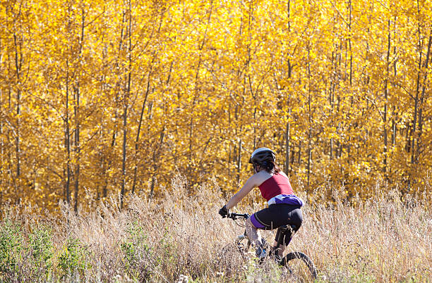 Woman mountain biking stock photo