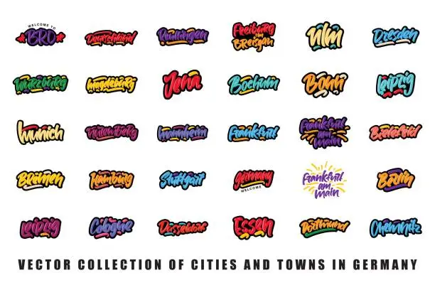 Vector illustration of Vector collection of cities and towns lettering names in Germany