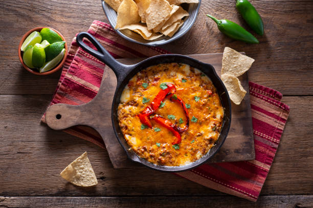 Skillet Melted Cheese Queso Fundido with Chorizo in a Cast Iron Skillet cheese dip stock pictures, royalty-free photos & images