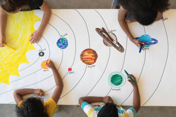 istock Aerial View of Multi-Ethnic Elementary Students Drawing a Solar System stock photo 1194794256