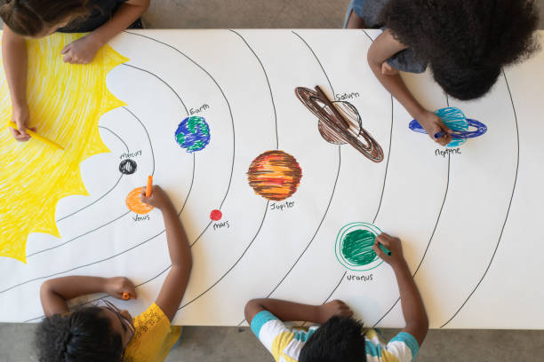 istock Aerial View of Multi-Ethnic Elementary Students Drawing a Solar System stock photo 1194794260
