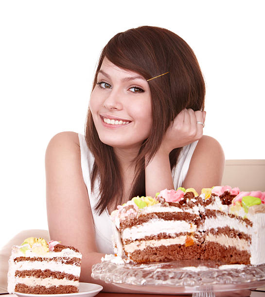istock Young woman with chocolate cake. 119479514