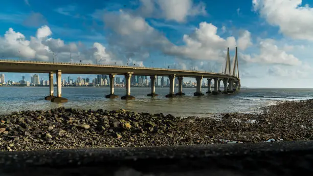 Bandra Worli Sea Link at sunset with Bandra Fort in the foreground
