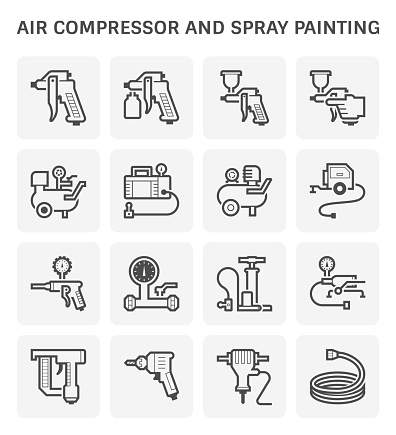 Air compressor and spray painting tool vector icon set design.