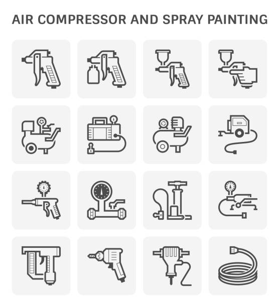 Air compressor painting icon Air compressor and spray painting tool vector icon set design. gas compressor stock illustrations