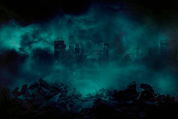 The ruins of a large city building with pieces of concrete and brick rubble debris in front are covered with smoke from the war and the city abandonment, concept of war The ruins of a large city building with pieces of concrete and brick rubble debris in front are covered with smoke from the civil war and the city abandonment, concept of war apocalypse stock pictures, royalty-free photos & images