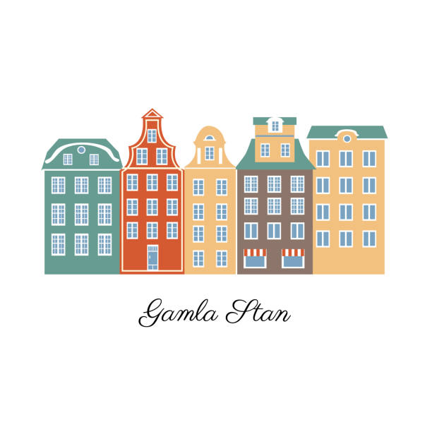 gamla stan von stockholm, schwedische wahrzeichen flache gebäude von schweden cartoon vektor isoliert auf weiß, dekorative ikone flachen stil, architektur historische sehenswürdigkeit attraktion, reise-sightseeing für design-karte - stockholm sweden gamla stan town square stock-grafiken, -clipart, -cartoons und -symbole