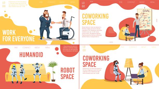 Coworking Space, Employment Vector Web Pages Set Modern Coworking Space, Job Search Service, Artificial Intelligence Technologies Startup Trendy Flat Vector Web Banners, Landing Pages Set. Working Businesspeople, Robots, Employee Hiring Illustration construction hiring stock illustrations