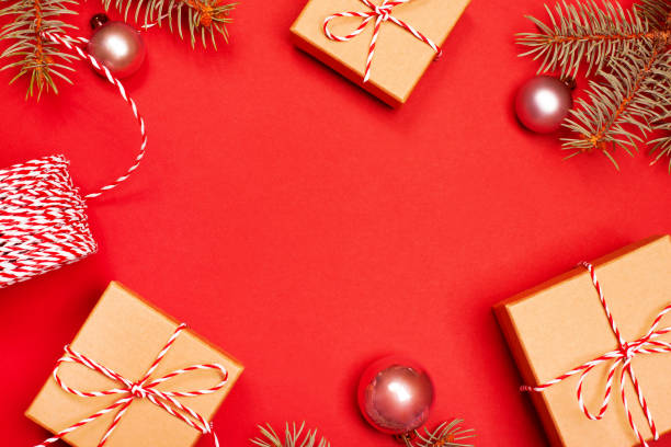 istock Christmas composition on the red background 1194813934