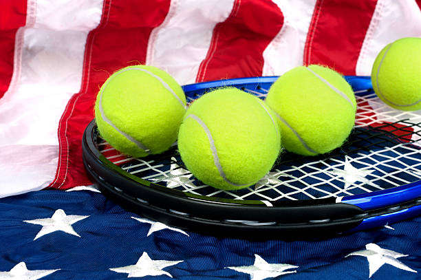 istock Tennis equipment on American flag 119481840