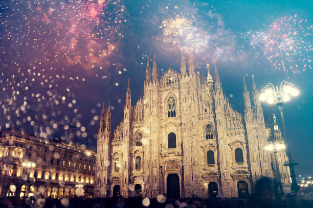Celebrating the New Year in Milan with fireworks stock photo