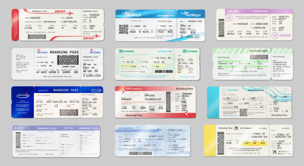 Airline tickets boarding passes, air travel Airways tickets and boarding passes mockups. Vector avia company traveling by plane documents with time of departure and arrival, seat number and date. Avia boarding pass with QR2 or barcode symbol airport patterns stock illustrations