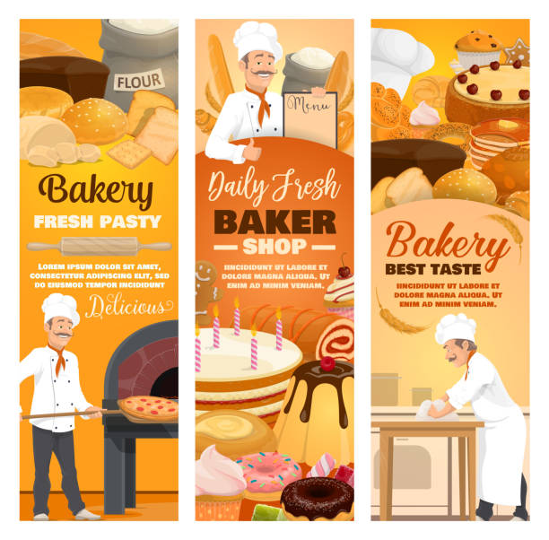 パンとデザート、ベーカリーショップフード、帽子のパン屋 - baker bakery chef bread点のイラスト素材／クリップアート素材／マンガ素材／アイコン素材