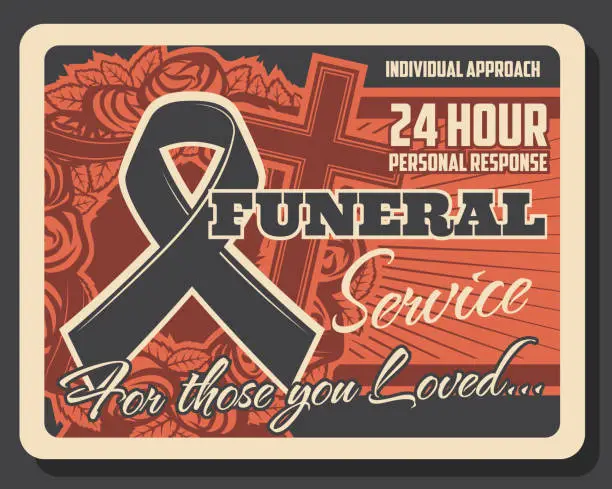 Vector illustration of Burial ceremony and funeral service vintage poster