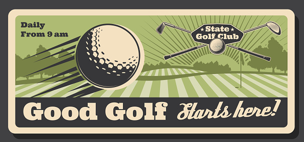 Golf club tournament and sport training course retro vintage poster. Vector professional golf championship field, golf ball and stick with hole flag on putter, golfer tournament and premium state club