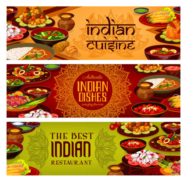 Indian restaurant, authentic India food dishes Indian cuisine banners, India traditional authentic food dishes menu. Vector Indian restaurant breakfast and dinner dishes, tandoori meat and curry fish, vegetables, rice and masala spices masala stock illustrations