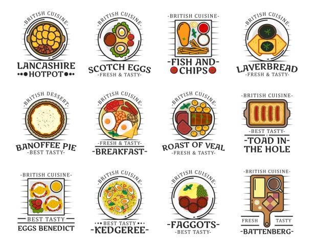 ilustrações de stock, clip art, desenhos animados e ícones de traditional british cuisine food dishes, bar menu - laverbread