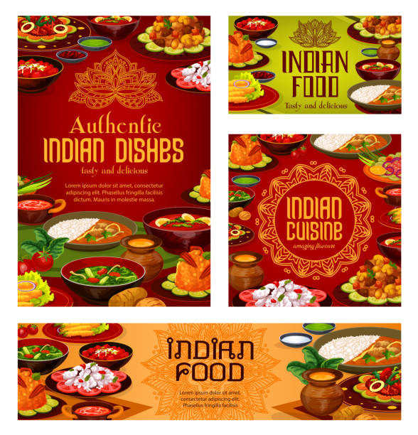 indyjska restauracja, autentyczne menu potraw - hinduska kuchnia stock illustrations
