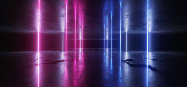 istock Sci Fi Neon Glowing Lights Blue Purple Vertical Lines Cables Plugs Floor Lasers Studio Stage Show Night Retro Futuristic Modern Background Empty Concrete Grunge Virtual Dark 3D Rendering 1194818864