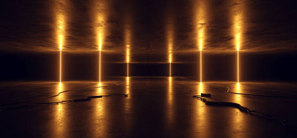 istock Sci Fi Neon Glowing Lights Orange Vertical Pylon Lines Cables Plugs Floor Lasers Studio Stage Show Night Retro Futuristic Modern Background Empty Concrete Grunge Virtual Dark 3D Rendering 1194819740
