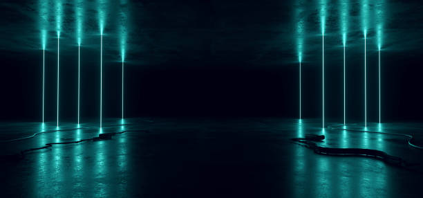 istock Sci Fi Neon Glowing Lights Blue Vertical Pylon Lines Cables Plugs Floor Lasers Studio Stage Show Night Retro Futuristic Modern Background Empty Concrete Grunge Virtual Dark 3D Rendering 1194819868
