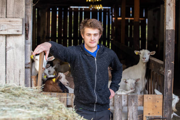 ritratto di un giovane lavoratore di un allevamento di capre in piedi vicino alla stalla - foto di repertorio - il formaggio di coltivatore foto e immagini stock