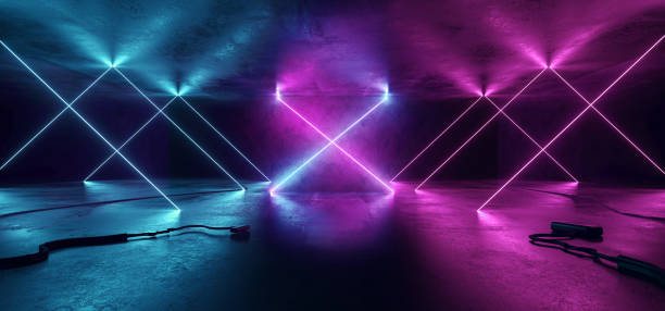 istock Sci Fi Neon Glowing Lights Blue Purple Shaped Lines Cables Plugs Floor Lasers Studio Stage Show Night Retro Futuristic Modern Background Empty Concrete Grunge Virtual Dark 3D Rendering 1194823038