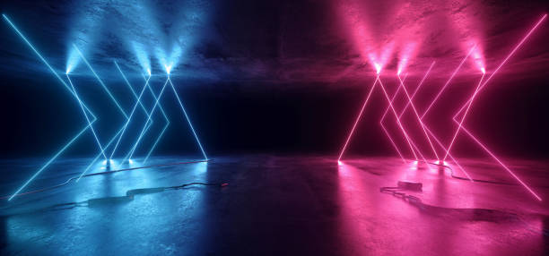 istock Sci Fi Neon Glowing Lights Blue Purple Shaped Lines Cables Plugs Floor Lasers Studio Stage Show Night Retro Futuristic Modern Background Empty Concrete Grunge Virtual Dark 3D Rendering 1194823787