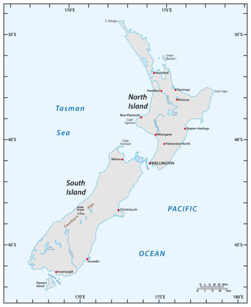 istock simple map of New Zealand with degrees of longitude and latitude 1194826568