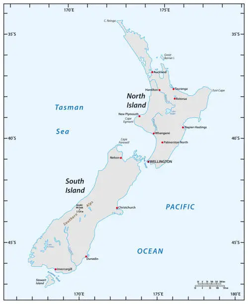 Vector illustration of simple map of New Zealand with degrees of longitude and latitude