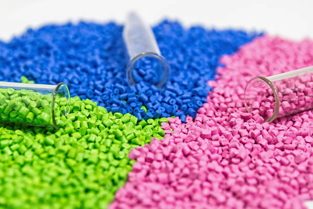 Plastic granules. Polymer pellets. Polymeric dye. Colorant pellets. stock photo