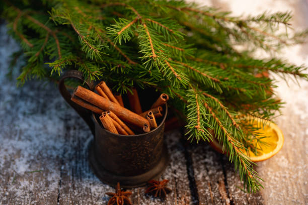 istock Christmas decorations with pine branches and spices 1194828921