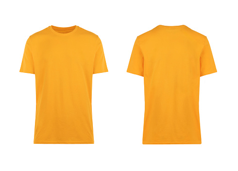 orange t-shirt, front and back view, clothes on isolated white background