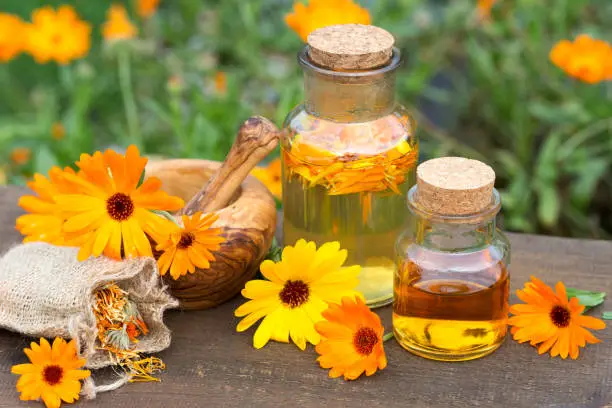 Photo of homemade marigold oil and marigold flowers