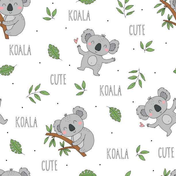 ilustraciones, imágenes clip art, dibujos animados e iconos de stock de patrón sin costuras. carácter lindo - animal dormido bebé koala oso. impresión vectorial para baby shower. - stuffed animal toy koala australia