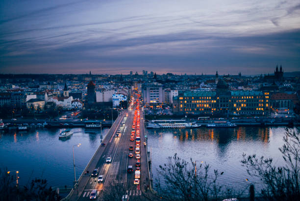 Aerial view of Prague at twilight with Vltava river