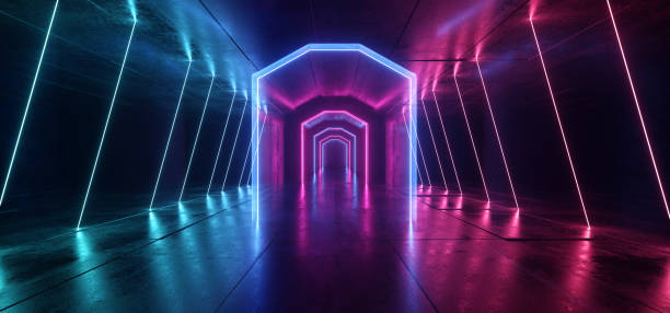 istock Sci Fi Neon Glowing Lights Purple Blue Background Vertical Laser Gate Lines Floor Lasers Studio Stage Show Night Retro Futuristic Modern Empty Concrete Grunge Virtual Dark 3D Rendering 1194831484