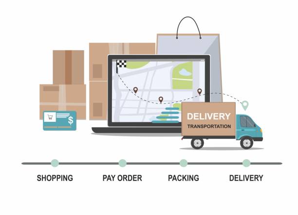 lieferservice. business-logistik, intelligente logistiktechnologien, kaufmännisches lieferservicekonzept.  infografik - delivery van distribution warehouse vector shipping stock-grafiken, -clipart, -cartoons und -symbole