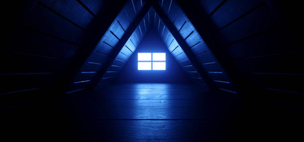istock Spooky Night Dark Window Blue Moon Light Triangle Roof Tunnel Corridor Attic Led Light Vibrant Wood Planks Texture Realistic 3D Rendering 1194831639