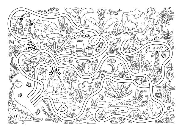 Coloring Dino Maze . Cool kids mini game for development. Black white illustration in a simple cartoon style. Help mom dinosaur get to the eggs through the dangerous jungle Coloring Dino Maze . Cool kids mini game for development. Black white illustration in a simple cartoon style. Help mom dinosaur get to the eggs through the dangerous jungle. puzzle silhouettes stock illustrations