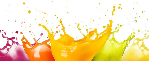 Photo of fruit juice splashes on white background