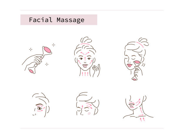 facial roller Beauty Girl Take Care of her Face and Use Facial Roller. Adorable Woman Making Skincare Procedures. Skin Care Facial Massage and Relaxation Concept. Flat Vector Illustration and Icons set. massaging illustrations stock illustrations