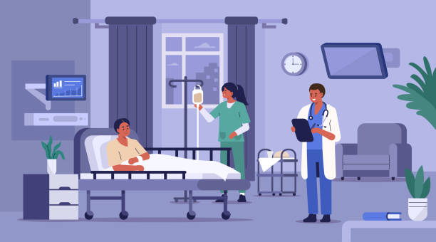 patient in hospital Hospitalized Patient Lying in Hospital Bed. Medical Staff Visiting him. Nurse Setting Up Dropper. Doctor Checking Medical Chart. Hospital Room with Modern Equipment. Flat Cartoon Vector Illustration. doctor patient stock illustrations