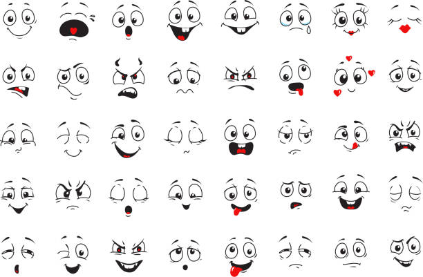 Cartoon comics faces set, Smiling, crying and surprised character face icons. Happy or sad comic emotions collection. Cartoon comics faces set, Smiling, crying and surprised character face icons. Happy or sad comic emotions collection. animated cartoon stock illustrations