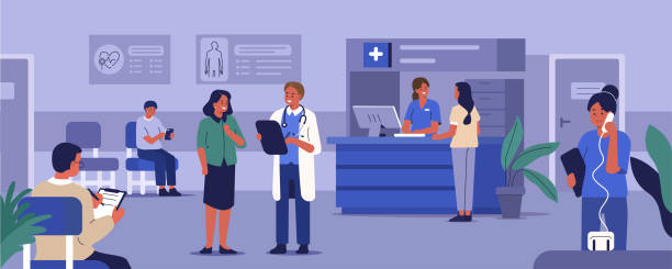 hospital reception People Characters in Hospital Reception. Medical Staff Working. Doctor Talking with Patient at the Hospital Room. Patients Waiting for Doctor. Medical Clinic Concept. Flat Cartoon Vector Illustration. receptionist stock illustrations
