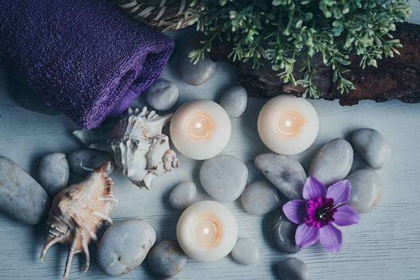 istock Veils, inscribed towel and stones arranged in a relaxing environment 1194844995