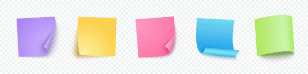 istock Post note paper collection with curled corners and shadow in row, different colors. Sheet of page for reminder, memory, office and studing. Vector paper sticker in realistic style. 1194847071
